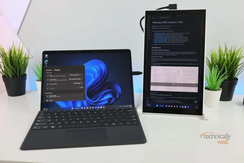 Windows Surface Pro 8 tablet PC with Mobile Pixels Duex Lite in portrait mode