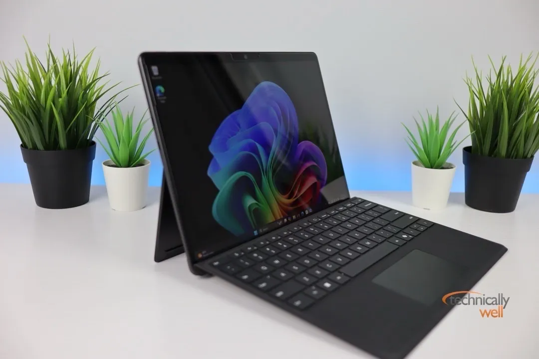 Microsoft Surface Pro Copilot+ (11th gen) with keyboard, taken from a side-angle