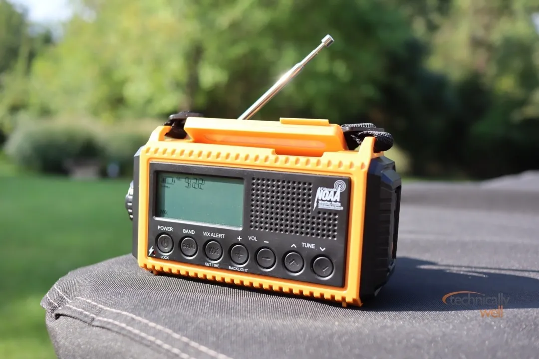 Raynic Emergency Radio 5000 outside on a sunny day