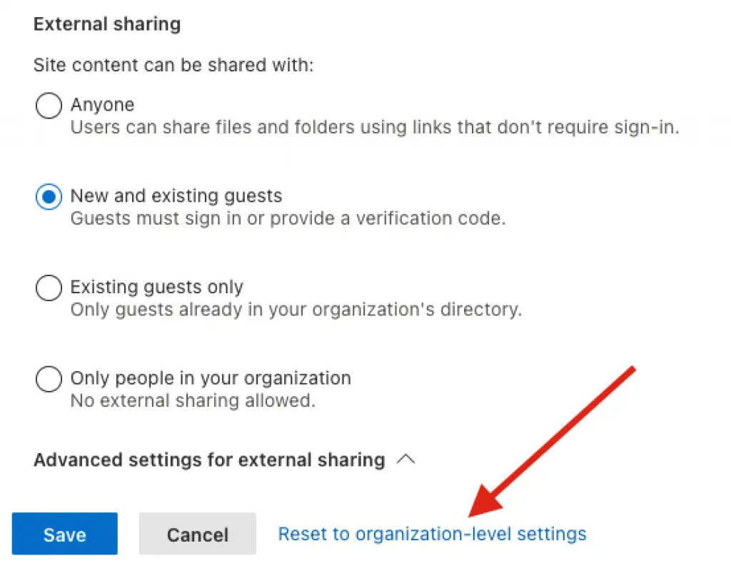 How to reset External Sharing to organization-level