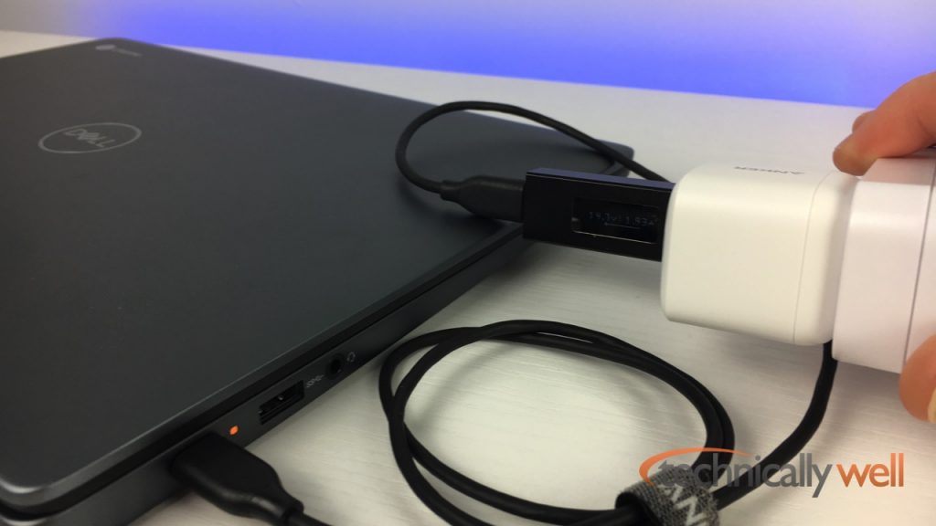 Dell 14-inch 2-in-1 Chromebook charging with the Atom PowerPort Atom PD 1