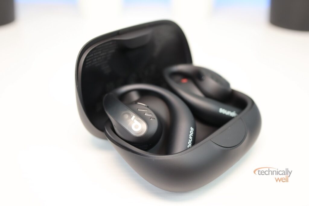 Soundcore AeroFit Pro headphones in charging case
